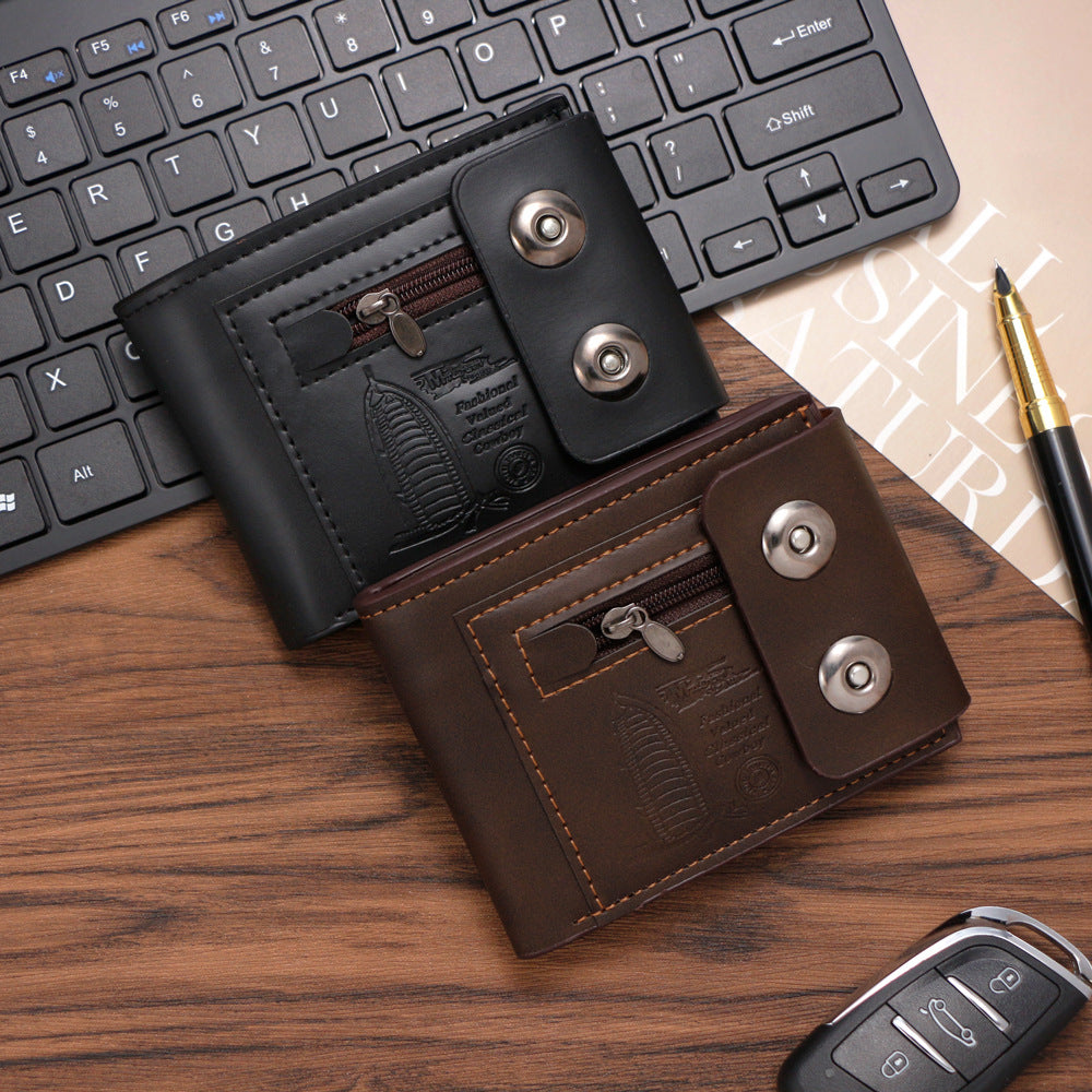 Men's Fashion Embossed Magnetic Snap Short Zipper Men's Wallet