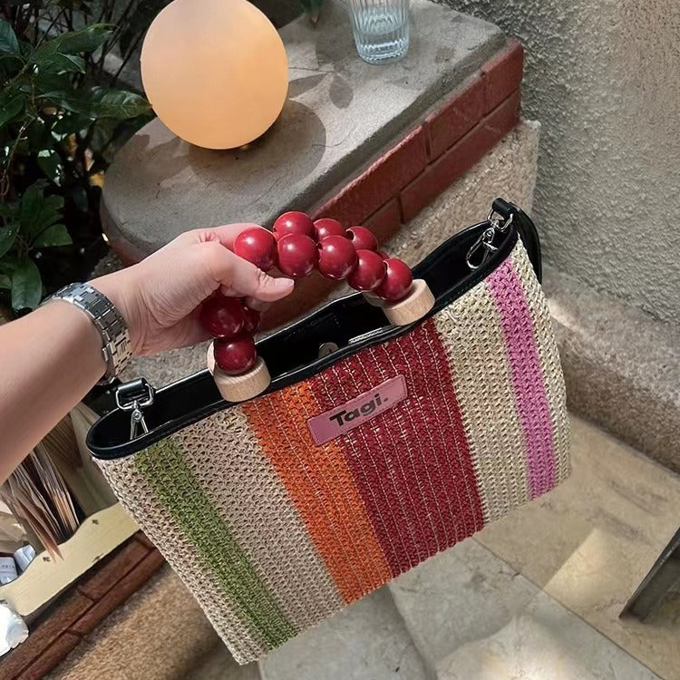 Sugar Gourd Contrast Color Striped Woven Shoulder Bags