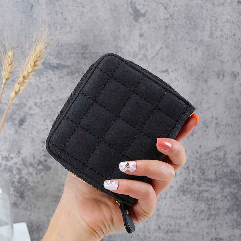 Women's Short Korean Multiple Slots Zipper Hasp Plaid Coin Purses