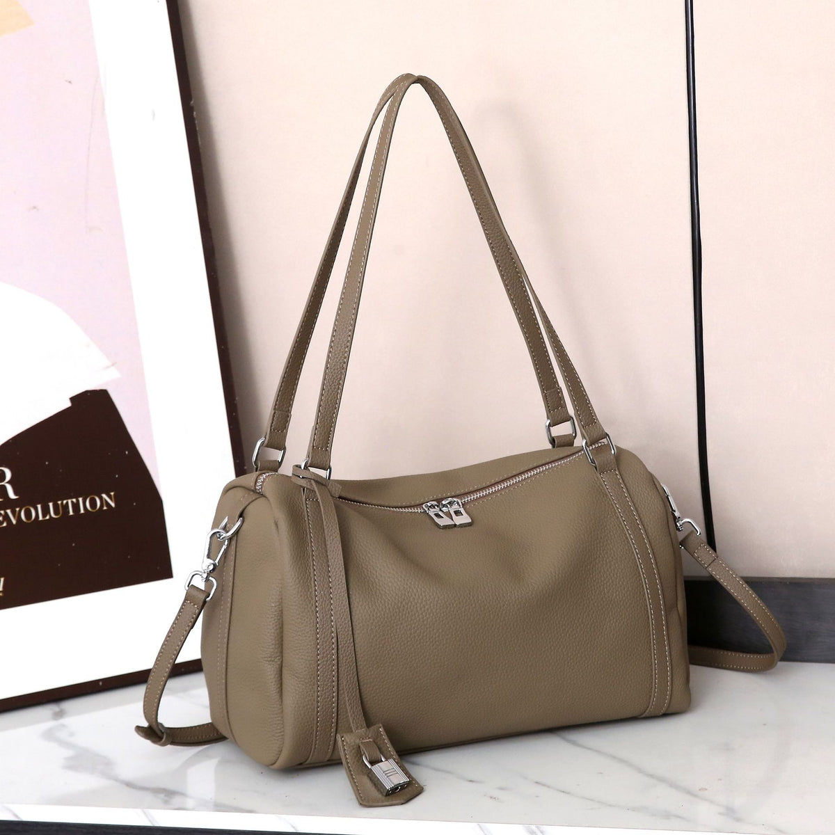 First Layer Cowhide Lady's Portable Boston Pillow Shopping Solid Color Bags