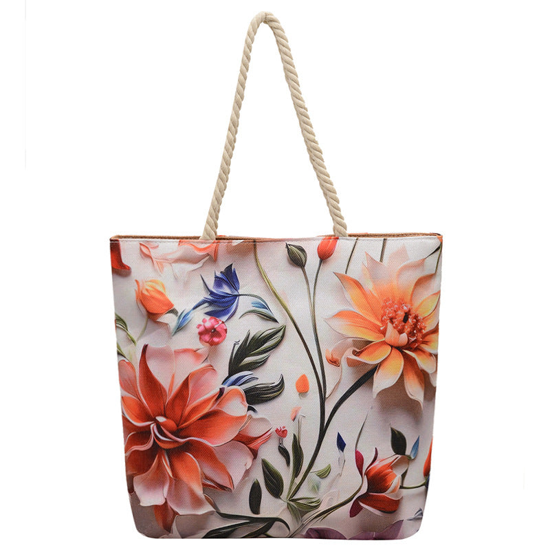 Double-sided Beach Imitation Linen Hot Printed Pattern Large Capacity Canvas Women's Shoulder Bag