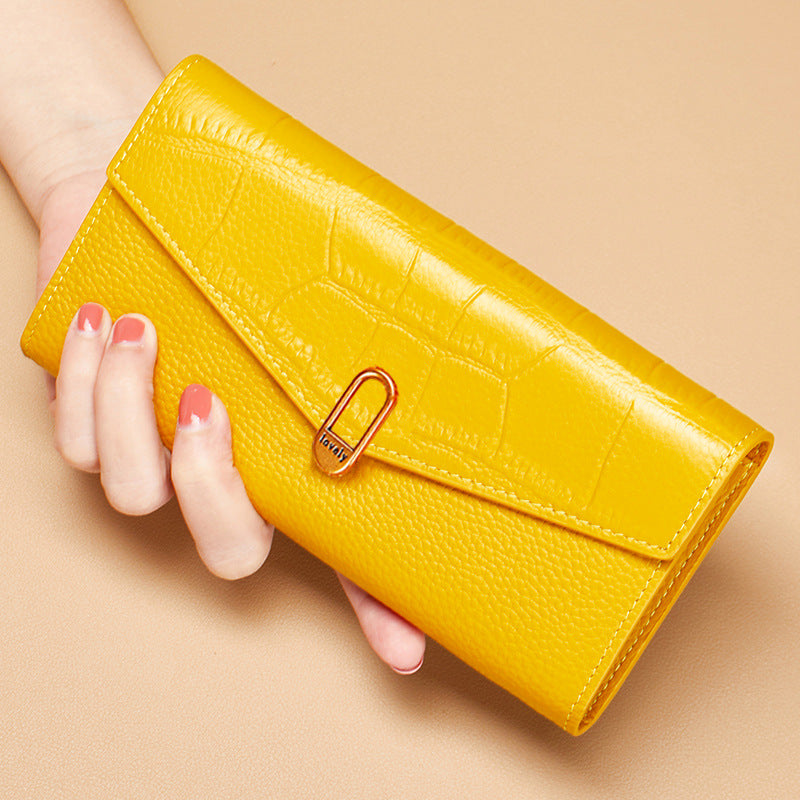 Women's Yellow Long Lucky First Layer Cowhide Ladies Wallet