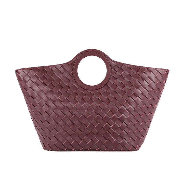 Women's Genuine Leather Fashion Classic Woven Portable Vegetable Basket Mother Rhombus Handle