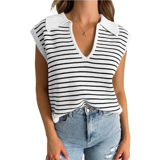 Women's Summer Knitted Casual Striped Lapel Sweaters