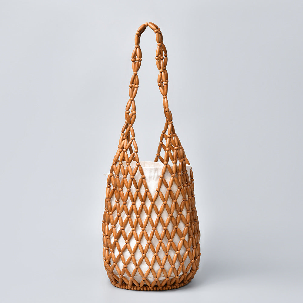 Women's With Wooden Beads Decoration Hand-woven Vacation Handbags