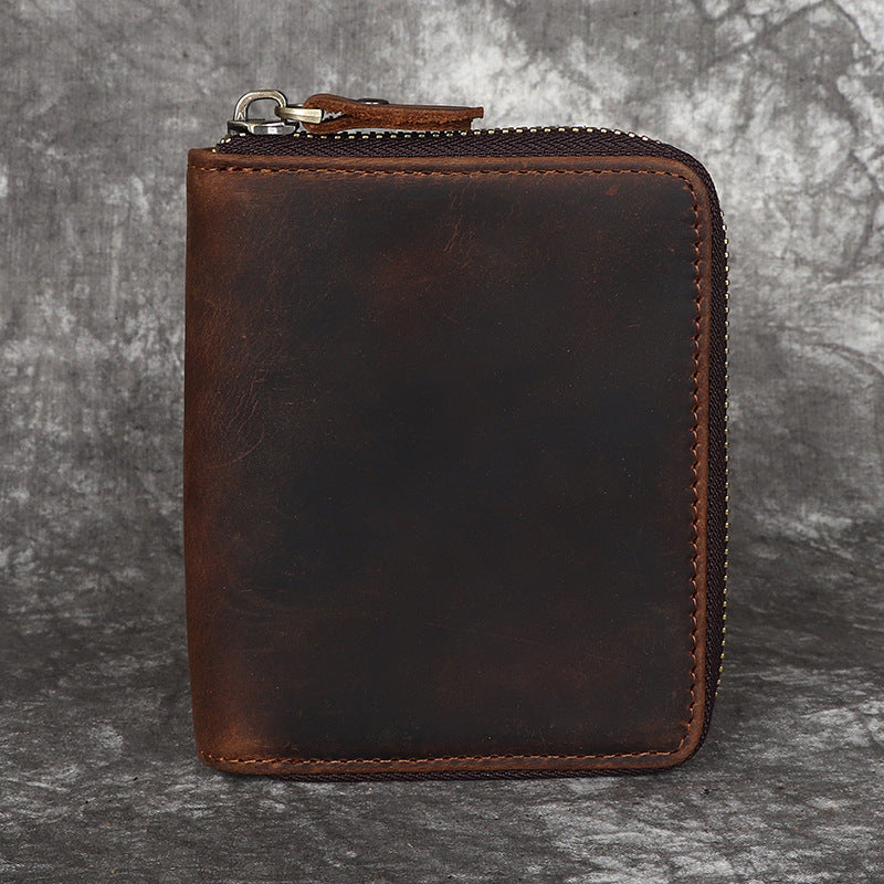 Men's Crazy Horse Leather Horizontal Zip Retro Men's Wallets