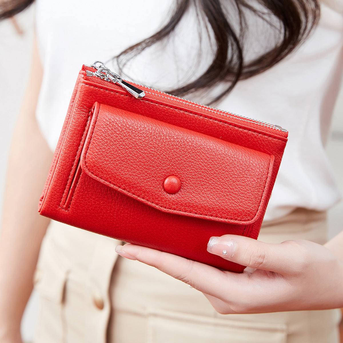Women's Short Double Zipper Flip Minimalist Portable Ladies Wallet