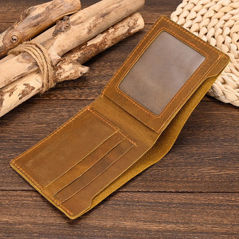 Men's Short Genuine Leather Crazy Horse Clamp First Layer Cowhide Men's Wallet