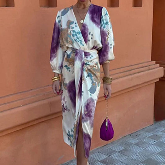 Women's Spring Temperament Printed Chic Long Sleeve Mid-length Dress Two-piece Suits