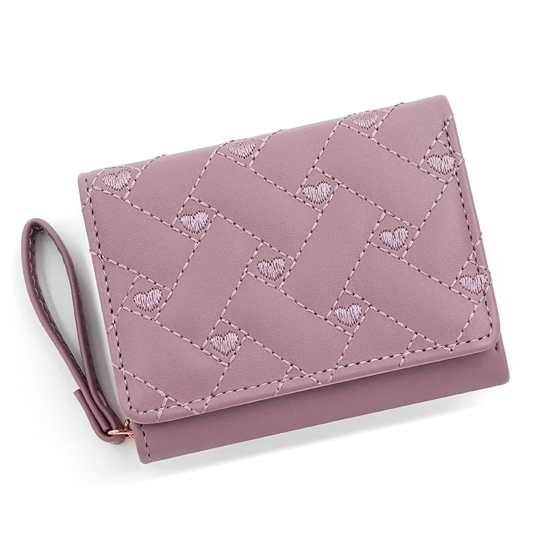 Women's Short Chic Embroidered Love Female Tri Fold Multiple Ladies Wallet