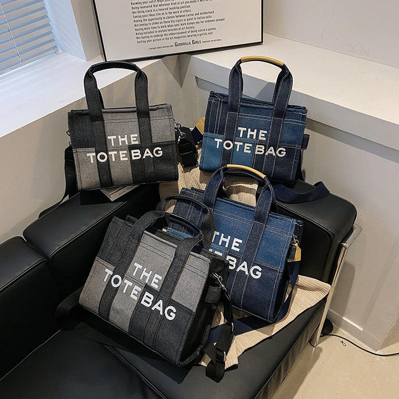 Women's Embroidered Letters Denim Blue Retro Patchwork Crossbody Bags