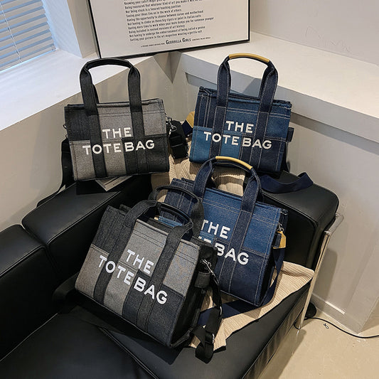 Women's Embroidered Letters Denim Blue Retro Patchwork Crossbody Bags