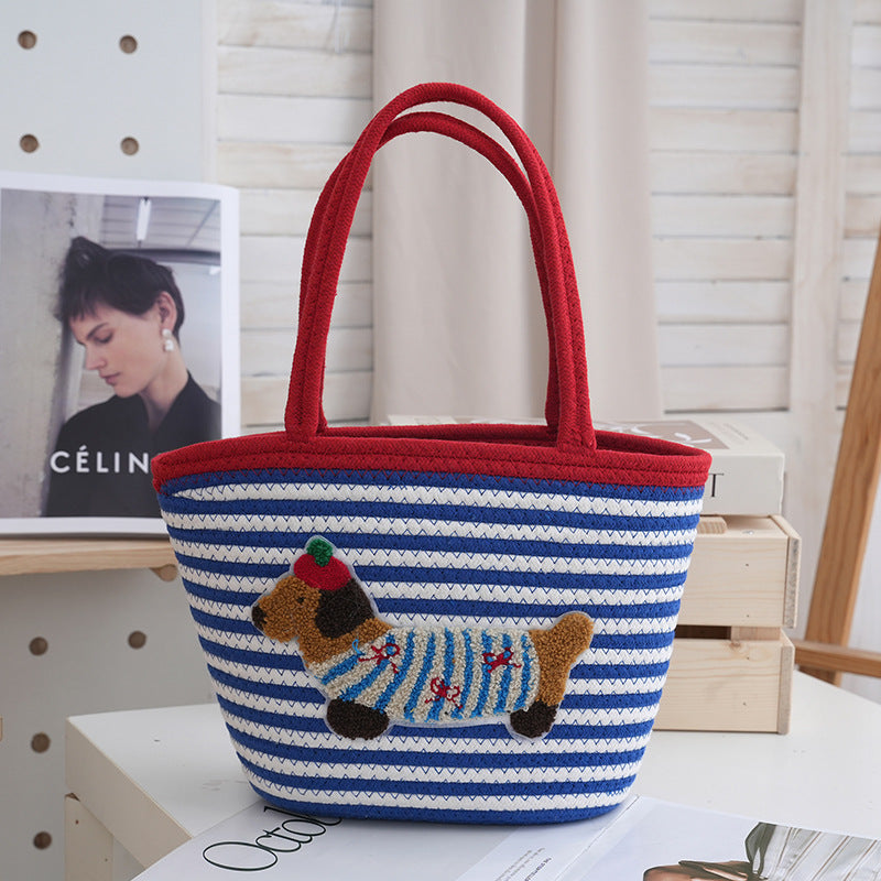 Women's Cotton String Woven Large Capacity Totes Cartoon Sausage Dog Women's Handbag