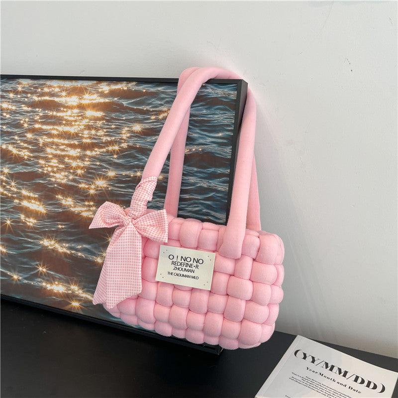 Coarse Yarn Cotton Candy Chessboard Hand-woven Homemade Women's Shoulder Bag