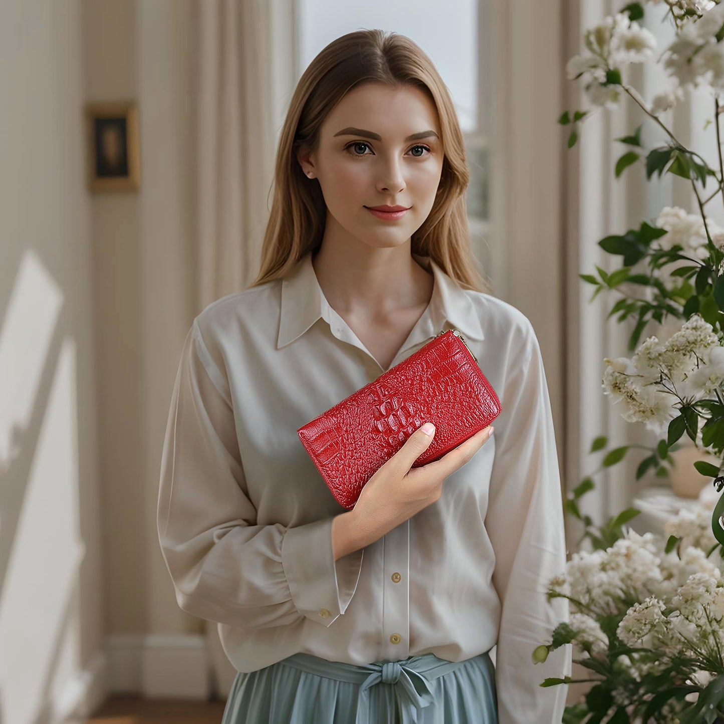 Women's Leather Long Clutch Cowhide Zip Handbags