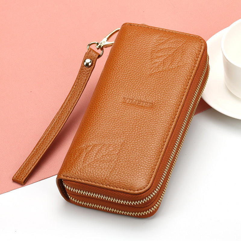 Women's Layer Cowhide Long Double Zipper Large Ladies Wallets