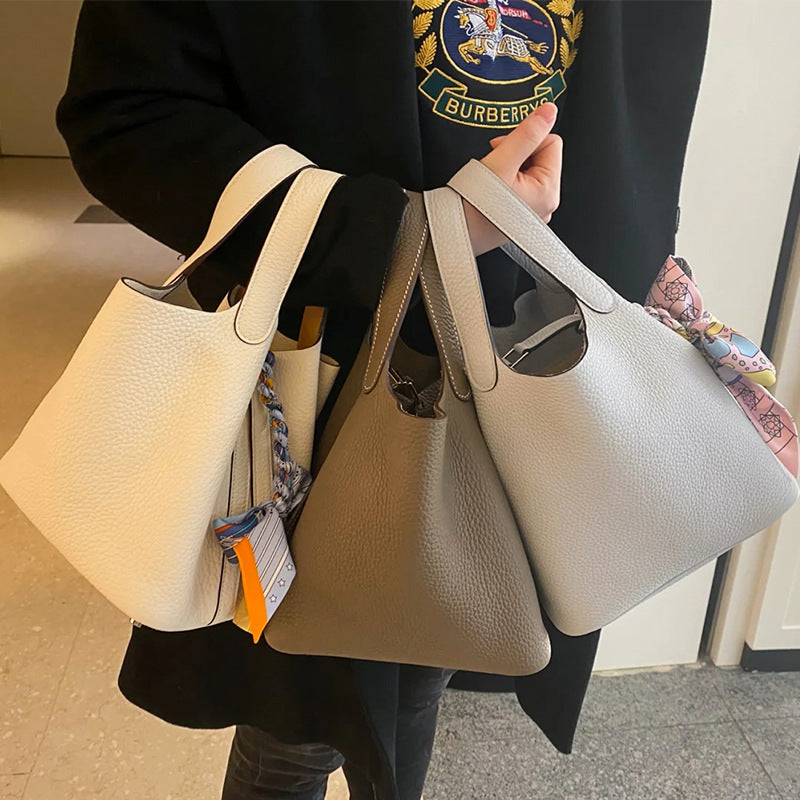 Women's Color Matching Vegetable Basket Cowhide Litchi Handbags