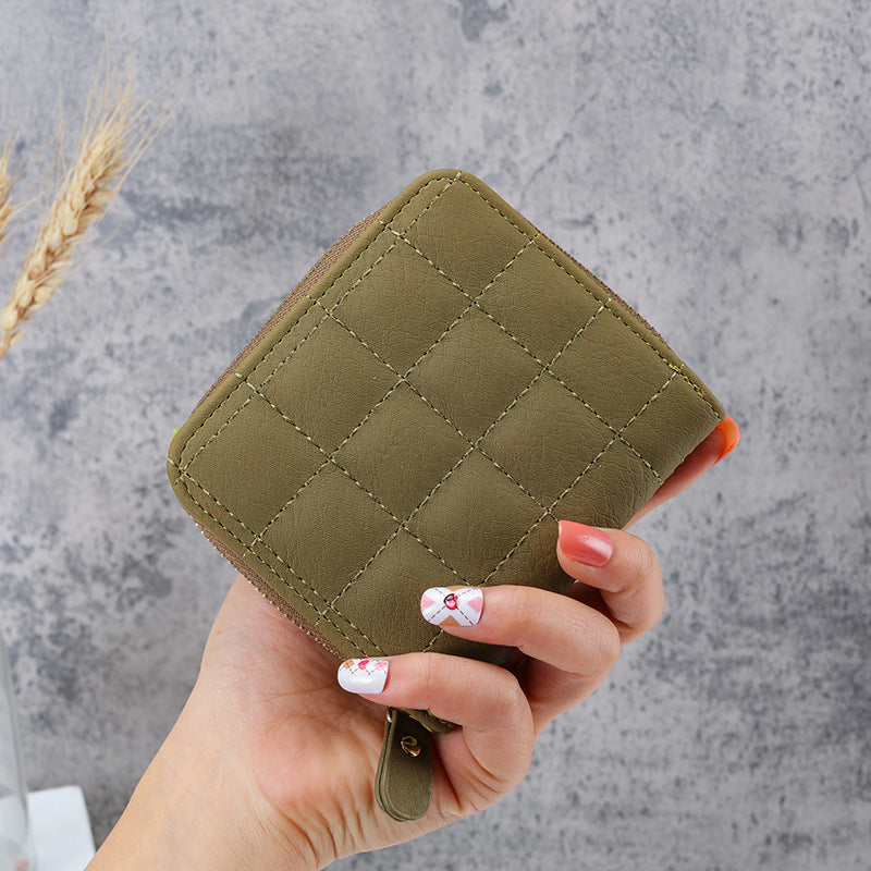 Women's Short Korean Multiple Slots Zipper Hasp Plaid Coin Purses