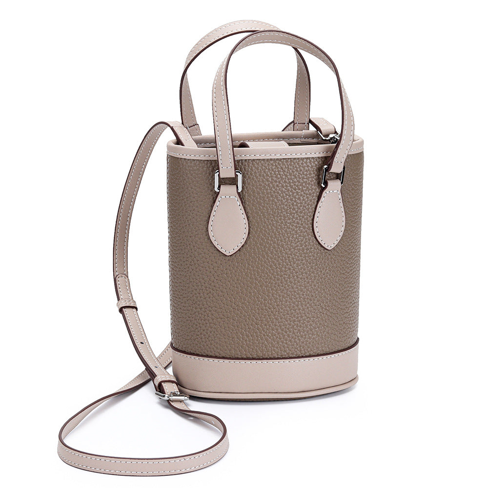 Women's Fashion Color Contrast Vertical Portable Design Genuine Bucket Bags