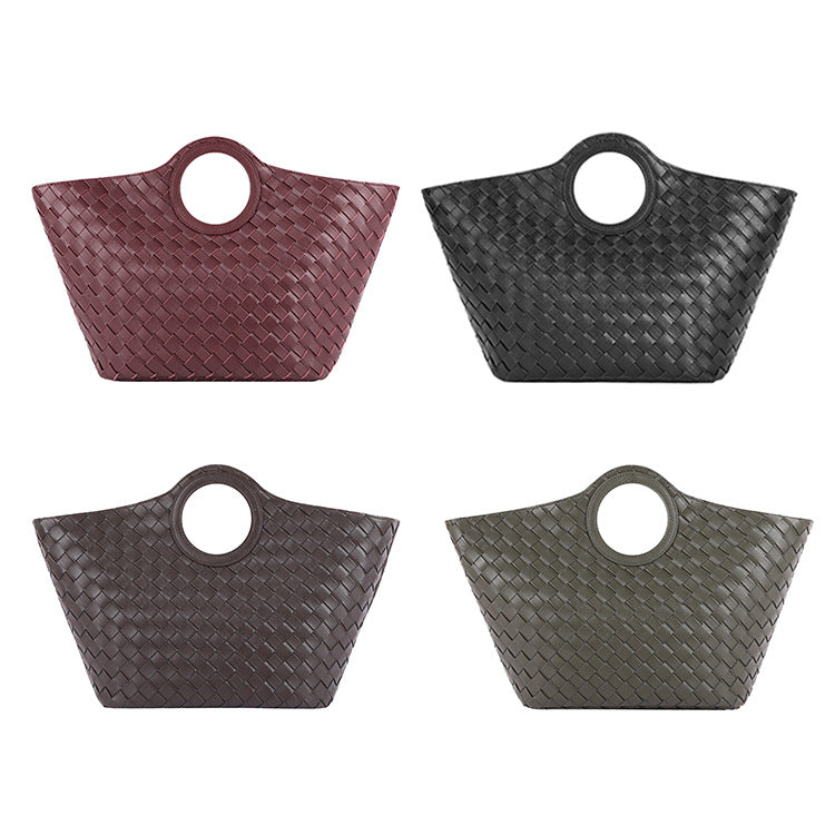 Women's Genuine Leather Fashion Classic Woven Portable Vegetable Basket Mother Rhombus Handle