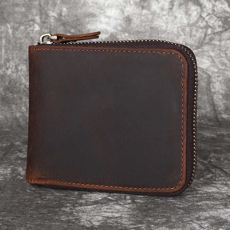 Men's Crazy Horse Leather Horizontal Zip Retro Men's Wallets