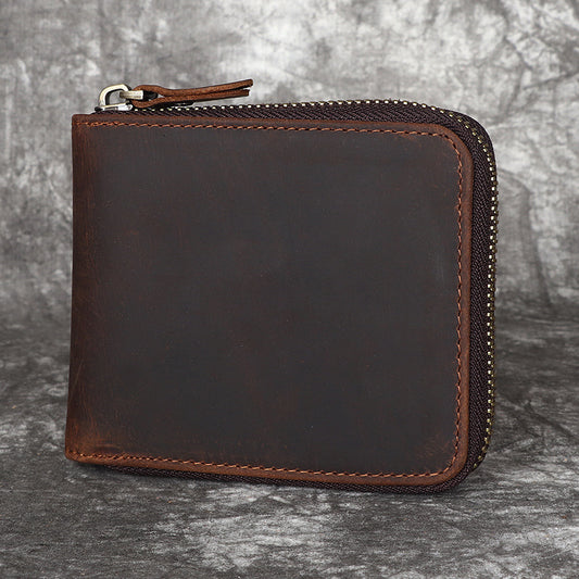 Men's Crazy Horse Leather Horizontal Zip Retro Men's Wallets