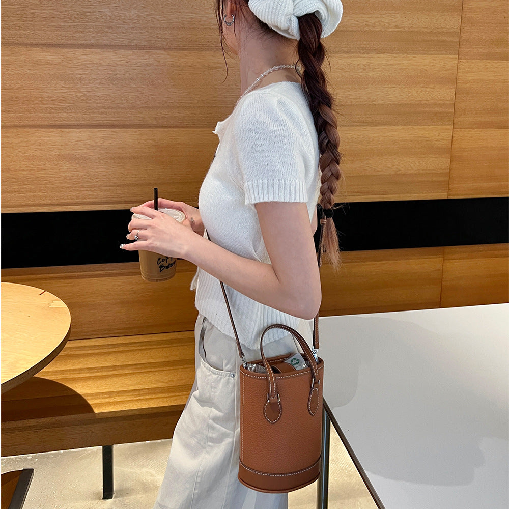 Women's Fashion Color Contrast Vertical Portable Design Genuine Bucket Bags