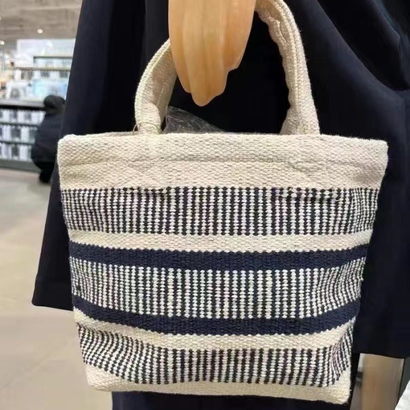 Navy Blue Striped Hand-woven Lunch Cotton Women's Handbag