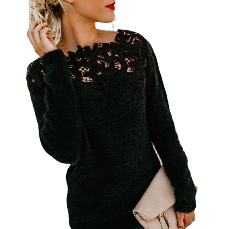 Women's Solid Color Stitching Lace Long-sleeved Sweaters
