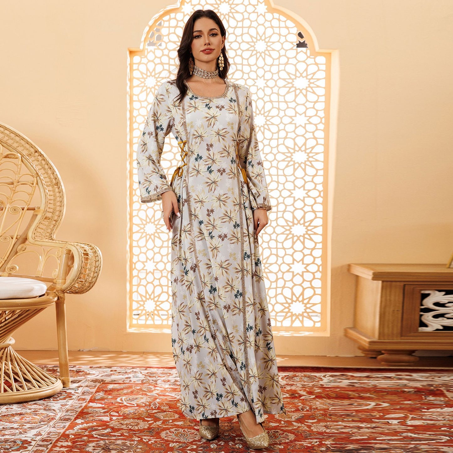 Women's Arabic Muslim Wear Printed Floral Robe Clothing