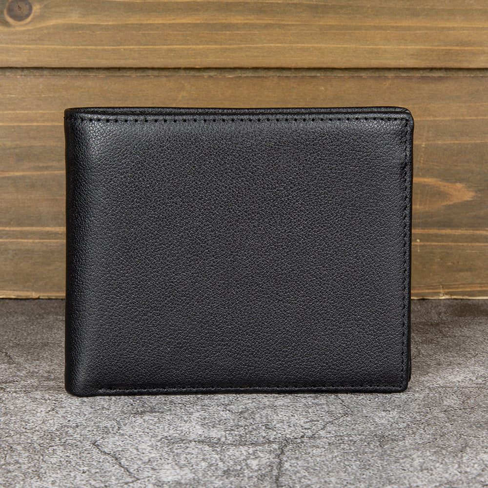 Men's Short Genuine Leather Horizontal Classic Black First Layer Cowhide Men's Wallet