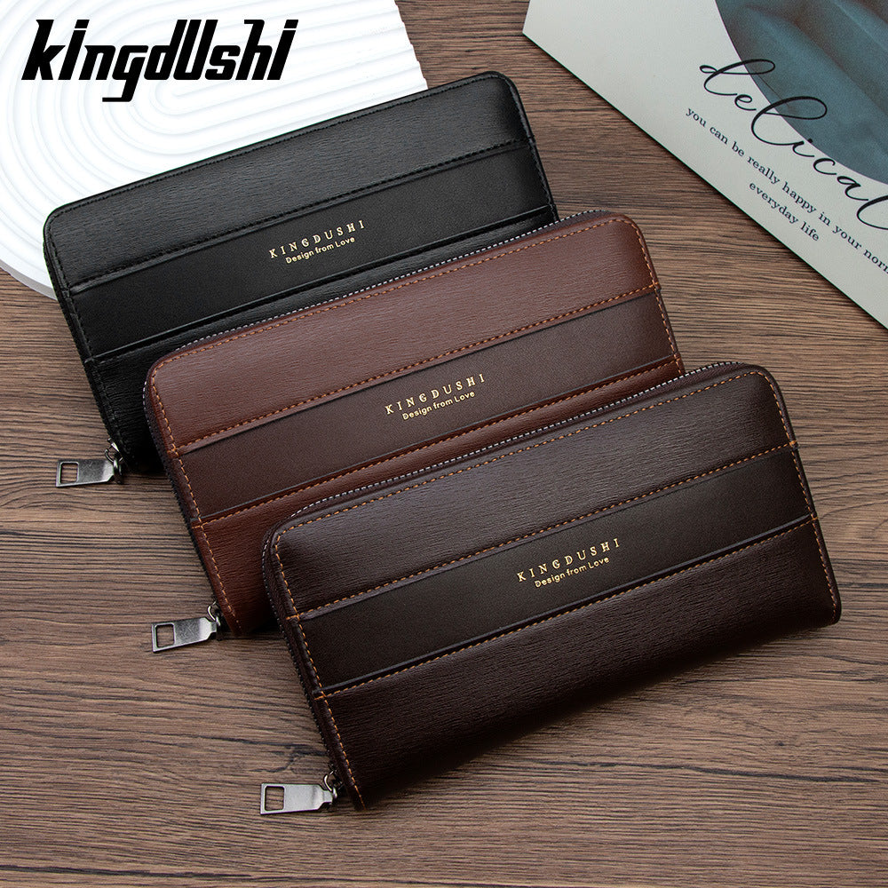 Men's Brushed Leather Pattern Long Clutch Large Capacity Change Wrist Strap Men's Wallet