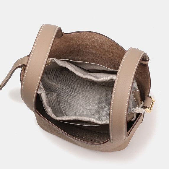 Layer Cowhide Lychee Pattern Solid Color Bucket Bags