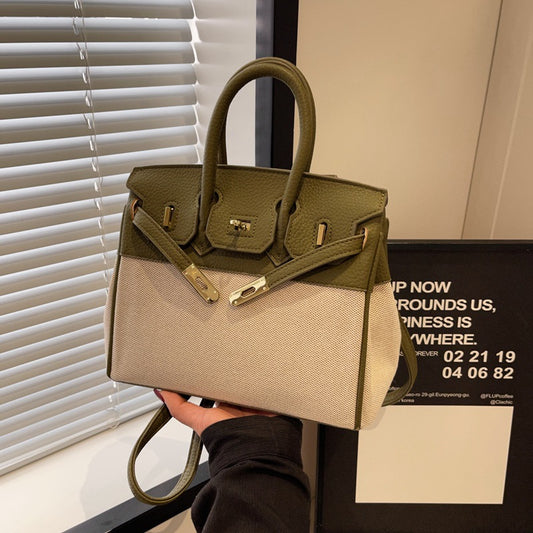 Women's Trendy Canvas Fashionable Lychee Pattern Contrast Shoulder Bags