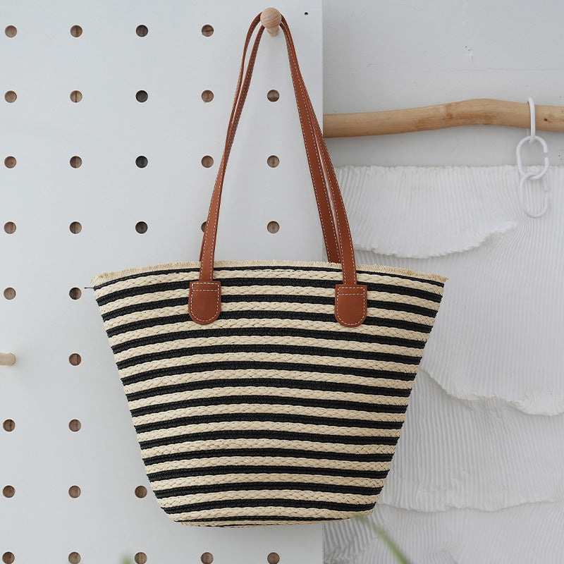 Versatile Large Capacity Seaside Pastoral Style Classic Striped Women's Handbag