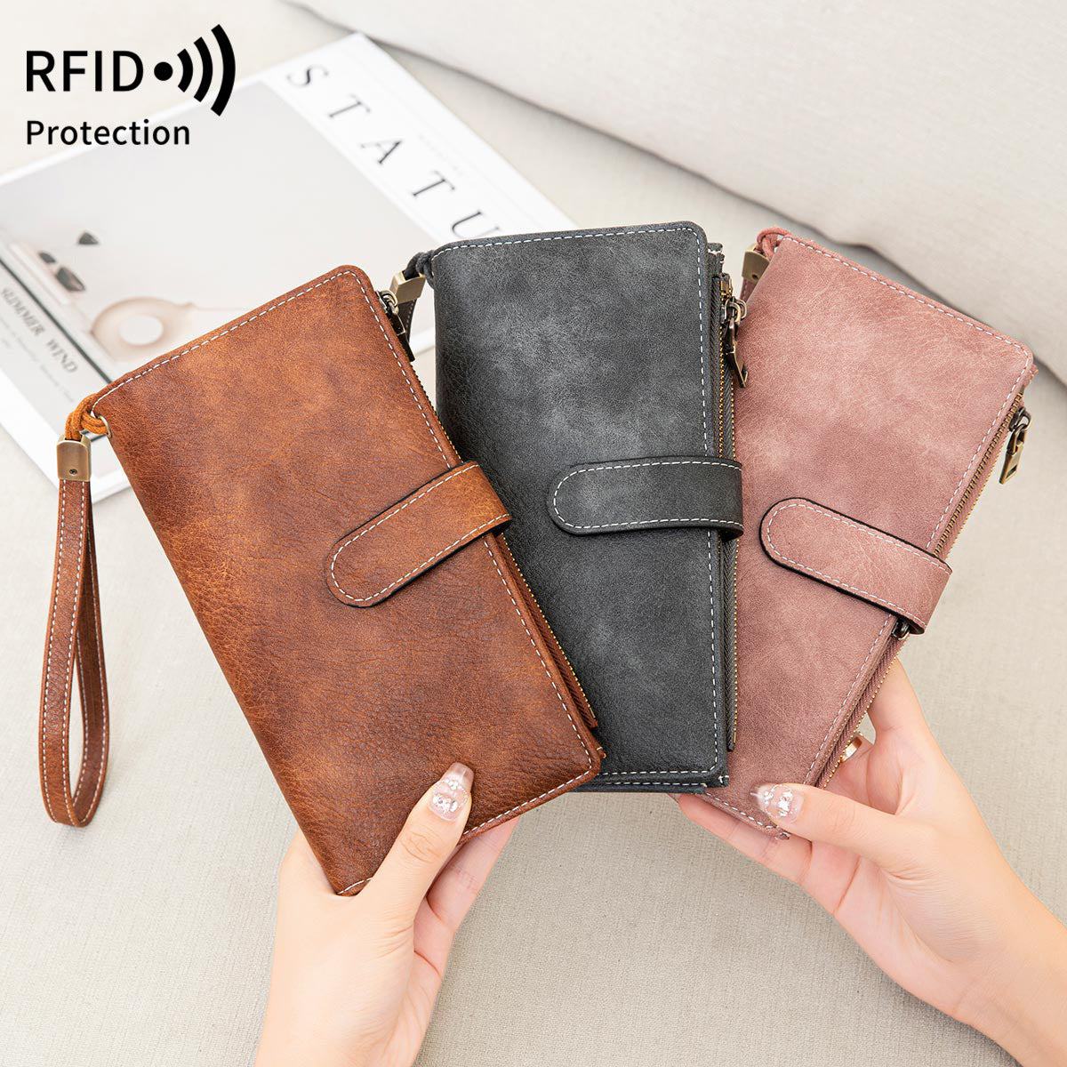 Long Retro Lady's Solid Color Portable Handbags
