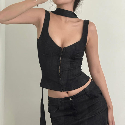 Buttons Square Collar Sling City Commuter Chest Slimming Tops