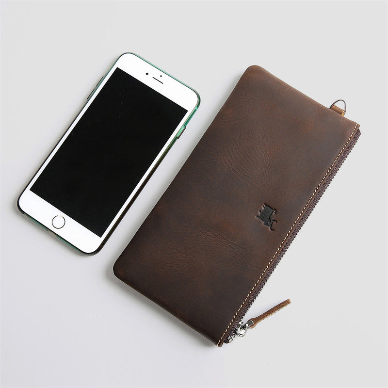 Men's Retro First Layer Cowhide Long Genuine Leather Zipper Large Ladies Wallet