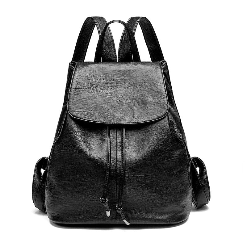 Women's Drawstring Fashion Cowhide Soft Leather Contrast Backpacks