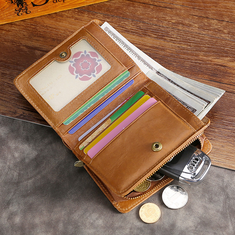 Men's Oil Wax Leather Short Zipper Multifunctional Men's Wallet