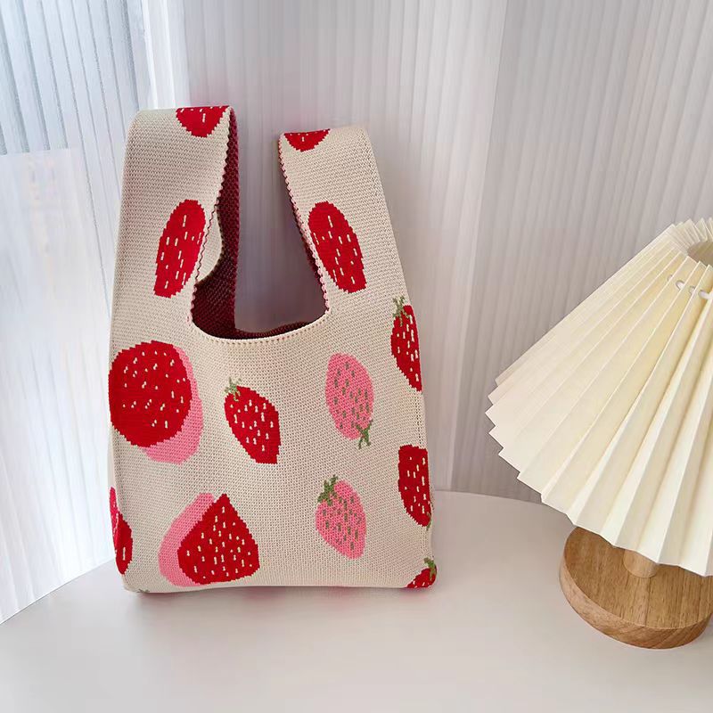Summer Cartoon Portable Knitted Lunch Hand Woven Color Collision Handbags