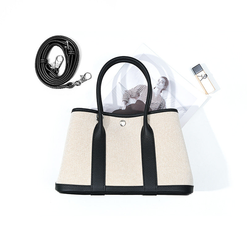 Women's Layer Cowhide Large Capacity Canvas Contrast Color Handbags