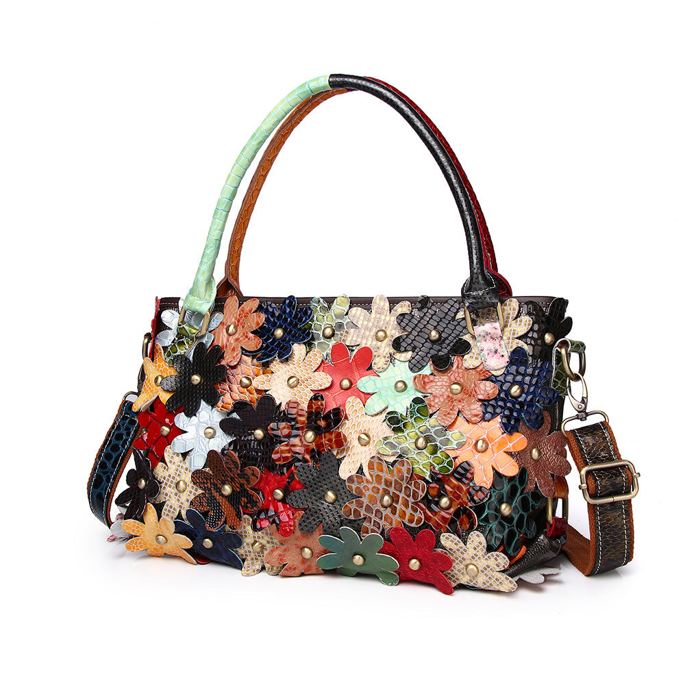 Women's Genuine Leather Trendy Snake Pattern Flower Contrasting Color Fashion Handbags