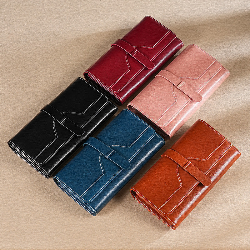 Women's Oil Wax Leather Long Multiple Slots Cowhide Ladies Wallet