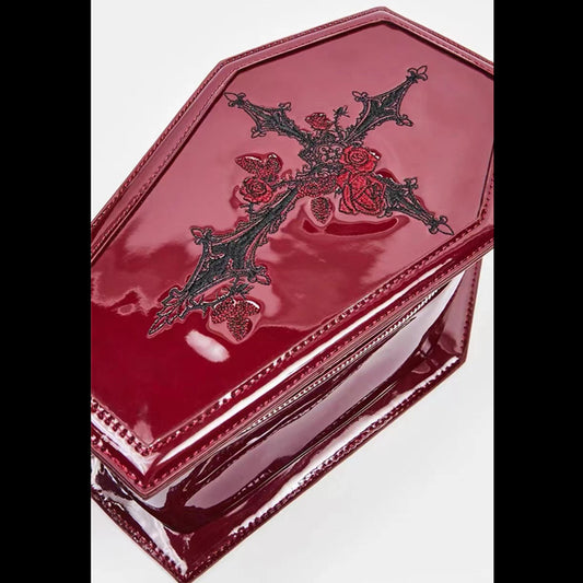 Women's Patent Leather Embroidered Coffin Red Punk Cosmetic Bags