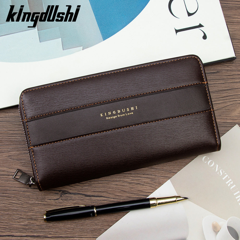 Men's Brushed Leather Pattern Long Clutch Large Capacity Change Wrist Strap Men's Wallet