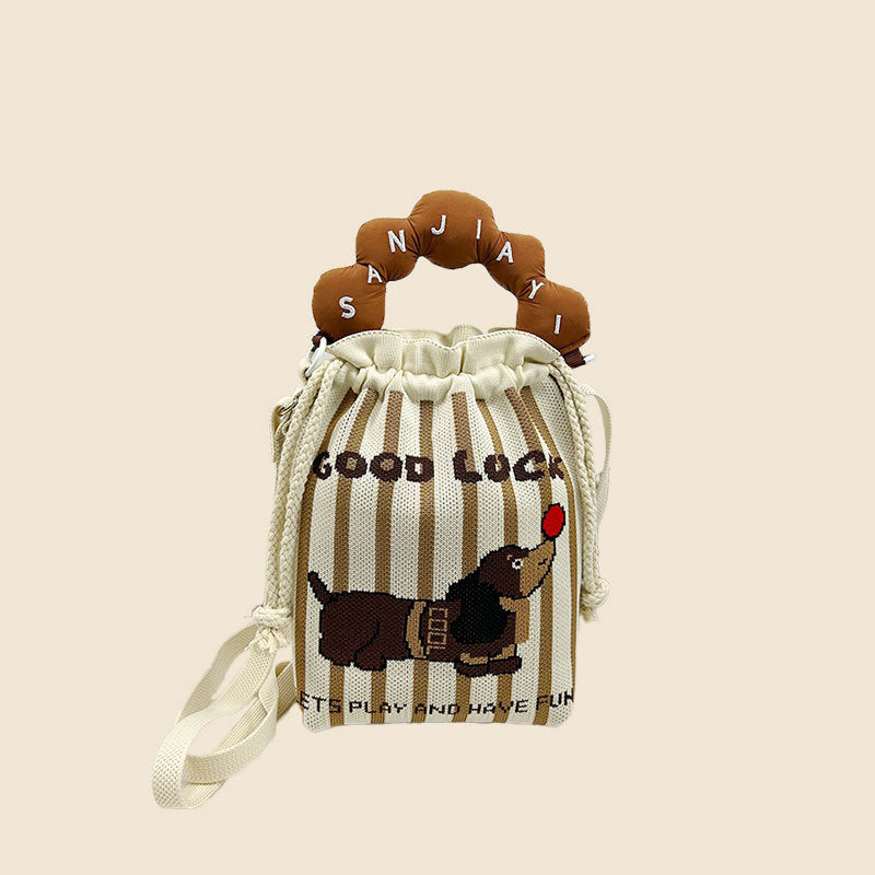 Woven Jacquard Female Drawstring Pocket Cartoon Knitted Wool Flying Phone Bags