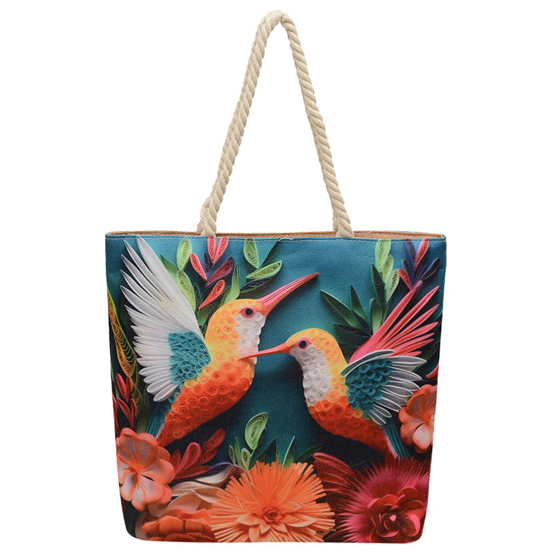 Double-sided Beach Imitation Linen Hot Printed Pattern Large Capacity Canvas Women's Shoulder Bag