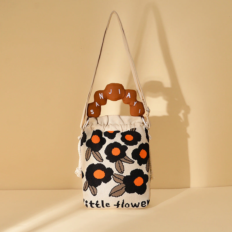 Woven Jacquard Female Drawstring Pocket Cartoon Knitted Wool Flying Phone Bags