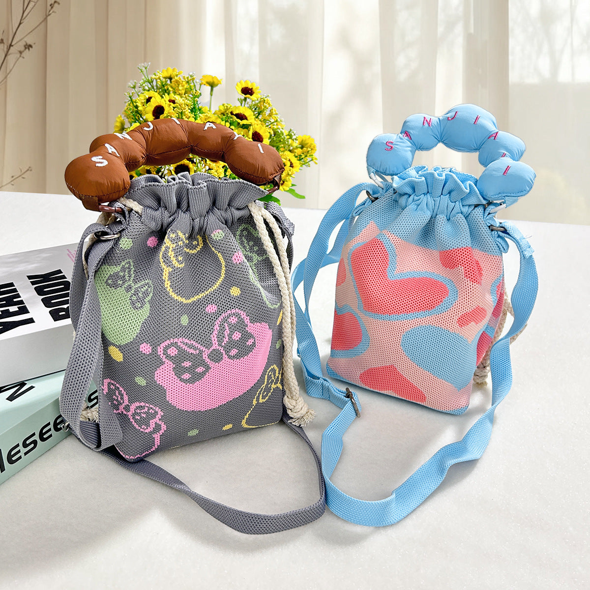Woven Jacquard Female Drawstring Pocket Cartoon Knitted Wool Flying Phone Bags